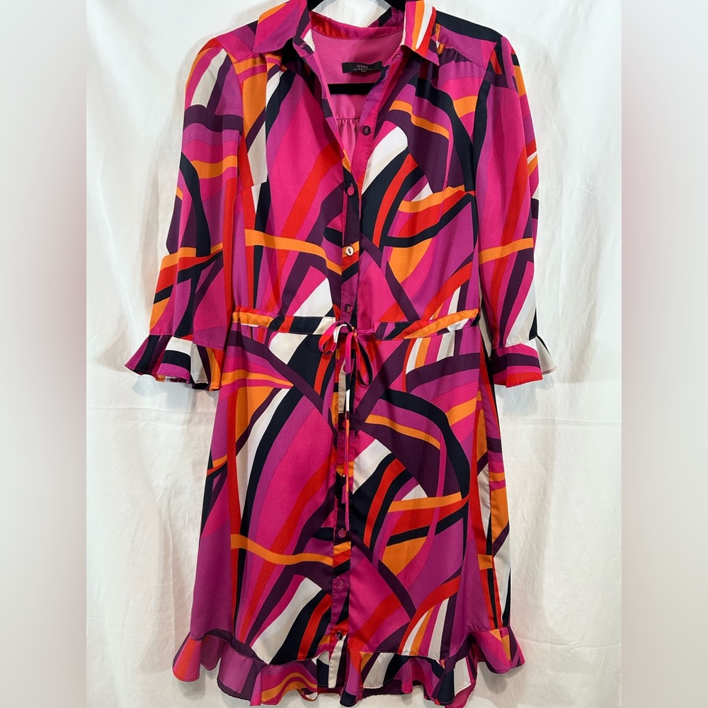 Trina Turk Nat Drawstring Shirt Dress Pink Geometric‎ Print Size XS - Picture 2 of 16